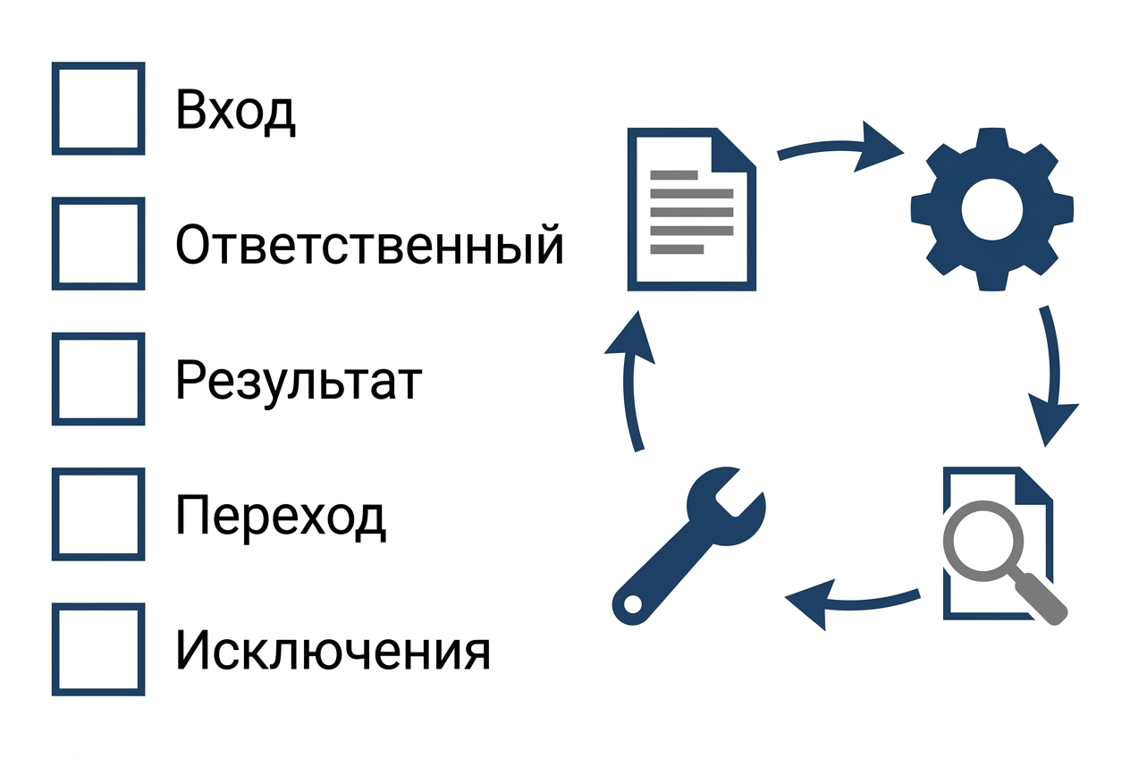 Чек-лист проверки процесса: вход, ответственный, результат, переход и исключения
