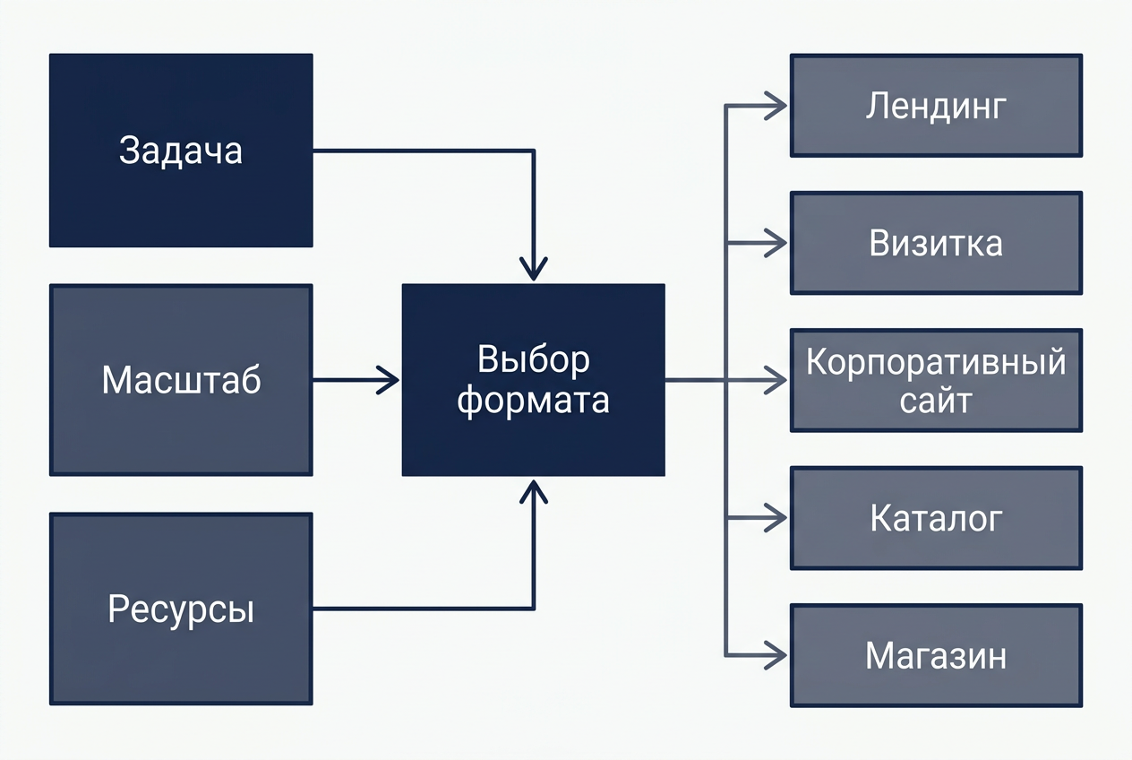 Создай лаконичный учебный чек-лист для статьи «Как выбрать тип сайта для бизнеса: пять вопросов до заказа». Композиция 3:2, целевой размер 1200×800. На светлом фоне пять крупных строк с пустыми квадратами слева: «Действие», «Масштаб», «Решение клиента», «Ответственный», «Результат». Справа небольшая простая символическая иконка выбора пути без букв. Квадраты должны быть пустыми: нельзя изображать, что проверки уже пройдены нашим продуктом или клиентом. Плоские формы, темно-синий и серый, высокий контраст, крупный читаемый текст, аккуратные интервалы. Без логотипов, интерфейсов, цифр, процентов, людей и изображений недвижимости. Не добавляй шестой пункт или дополнительные обещания. При искажении кириллицы создай основу без текста для ручного размещения точных надписей.