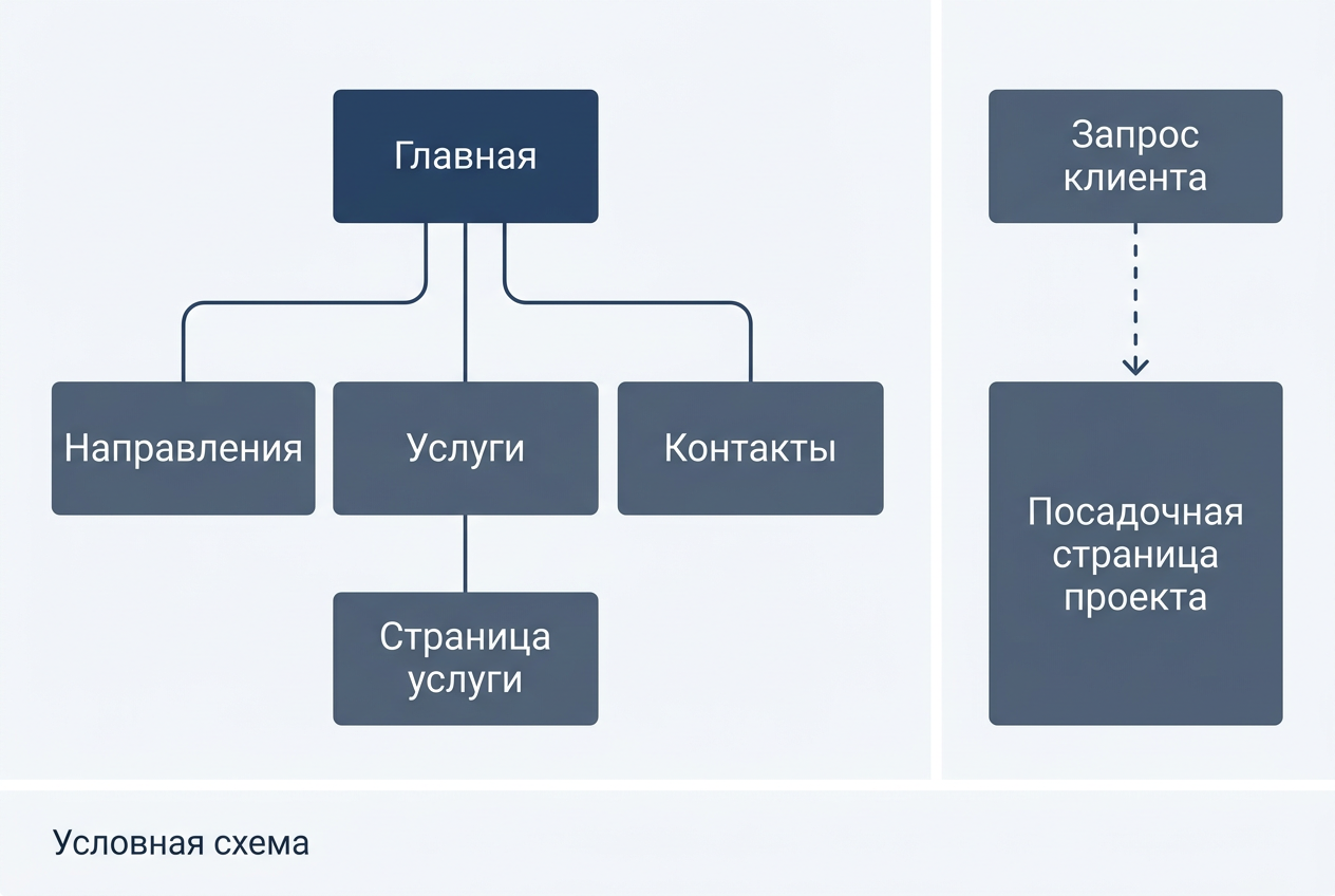 Условная схема сайта агентства: общие разделы, страница услуги и отдельная посадочная страница